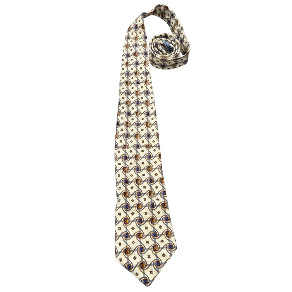 Ermenegildo Zegna Necktie Mens OS Cream Blue Orange Silk Geometric Medallion